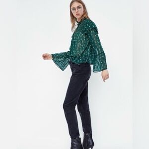Zara Green Floral Mock Neck Shirt Blouse Top Size XS